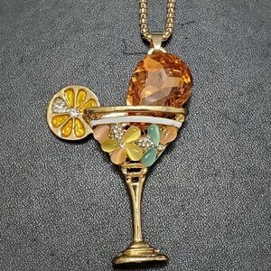 Gold tone citrus martini pendant necklace 35"
